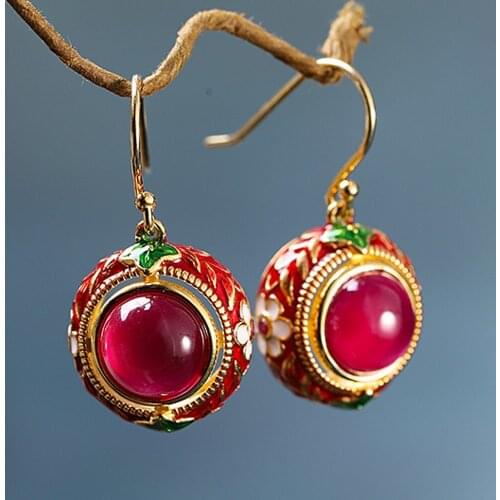2020 new cloisonne woman earrings s925 pure silver jewelry Thai ethnic style enamel color red corundum earrings for women