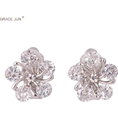 GRACE JUN Flower Shape Clip on Earrings No Pierced for Women Fashion Bridesmaid Wedding AAA Cubic Zircon Earrings Clip