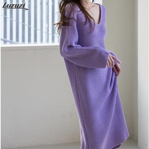 Luzuzi Casual V-neck Side Split Knitted Dress for Women Autumn Winter Dress Casual Loose Plus Size Warm Sweater Vestidos Femme
