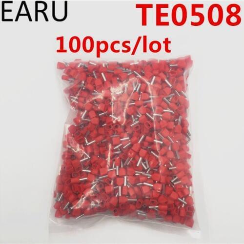 100PCS E Tube TE0508 Type Double Pipe Insulated Twin Cord Cold-press Terminal Block Connector Needle End Multicolor 2X0.5mm2