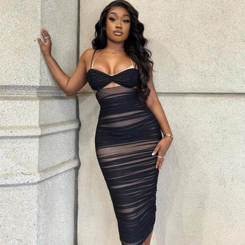 2021 Summer Women Solid Sexy Black Strap Dresses Party Club Bodycon Spaghetti Midi Mesh Dress For Women Female