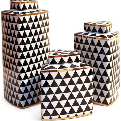 3pcs/set New Chinese Style Vintage Home Decor black and white Geometric Figure Ceramic Vases Decorative Porcelain Jars