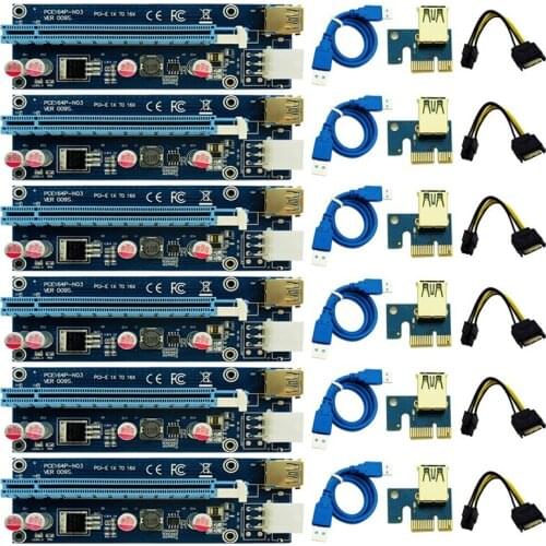 6pcs 009S Riser 3 LED Golden USB 3.0 PCI Express 1X 4x 8x 16x Riser Card SATA to 6pin Power Cable for BTC Miner Antminer Mining