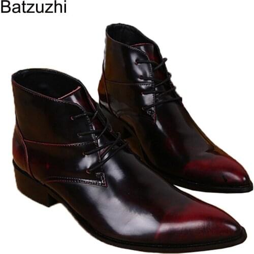 Batzuzhi Luxury Mens Boots Fashion Designer High Top Leather Short Ankle Boot Men Wine Red Lace-up Motorcycle Botas Militares