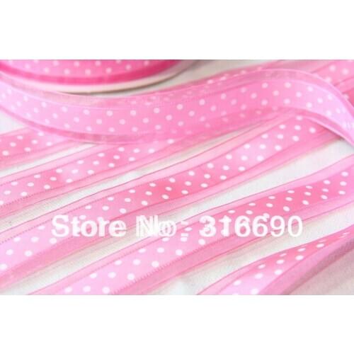 Free shipping white Dot Printed pink Ribbon satin ribbon