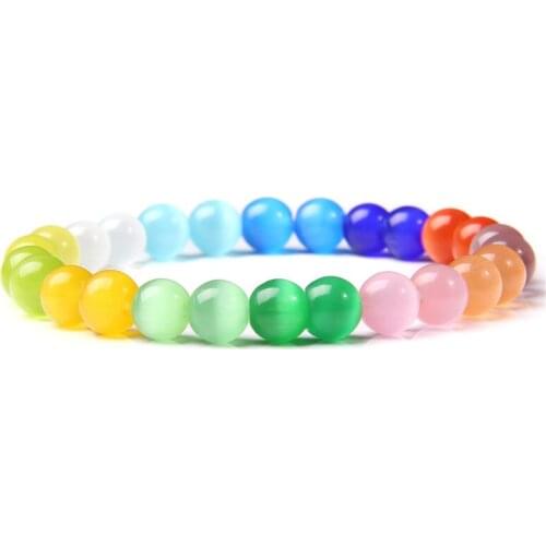 8mm Chakra Beads Bracelet Round Colorful Natural Cat Eye Stone Beads Elastic Bracelet for Women Men Couples Energy Jewelry Gifts