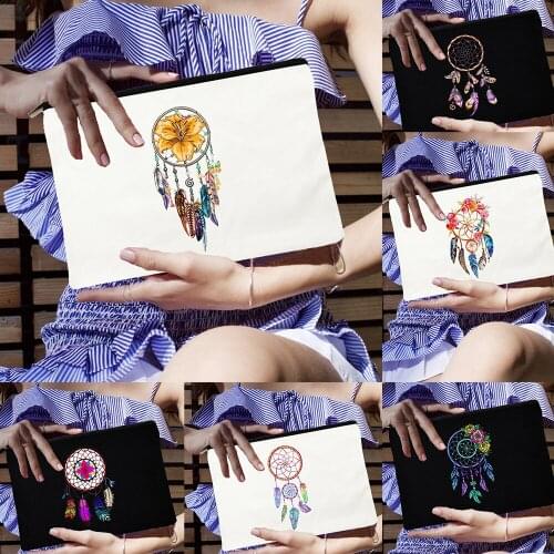 Flower Dreamcatcher Feather Women Cosmetic Bag Makeup Case Kawaii Harajuku Zipper Jewelry Storage Pencil Bags Purse Tote Handbag