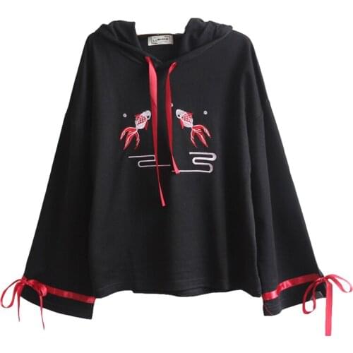 Black Women Hooded Sweatshirts Cartoon Goldfish Embroidery Harakuju Hoodies 2020 Autumn Winter Long Sleeve Lace Up Pullover Tops