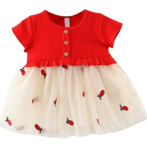 Children Summer Girls Cute Pineapple Embroidery Mesh Stitching Short Sleeved Sweet Princess Dress Kids Dresses For Girls
