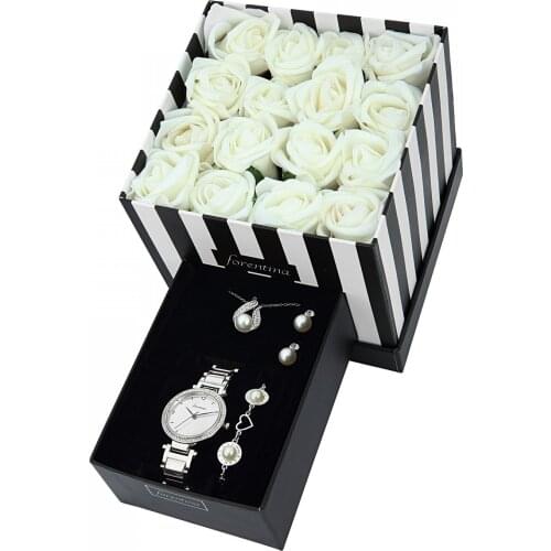 Forentina Güllü Kutuda İnci Modeli Kolye Küpe Bileklik Saat Hediye Set PS1559