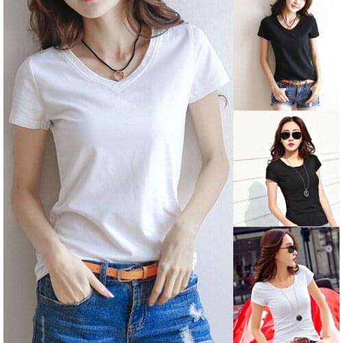 Women Basic Tee Shirt Casual V-Neck Short Sleeve Female Cotton Tee Slim Black White T-Shirt Streetwear Lady Solid Tshirt Tops