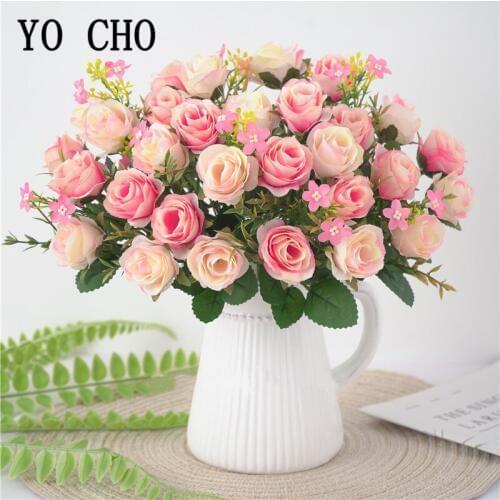 5 Branches Small Rose Artificial Flowers Bouquet Silk Fake Flowers Decor Hotel Balcony Wedding Home Table Arrangement Faux Flore