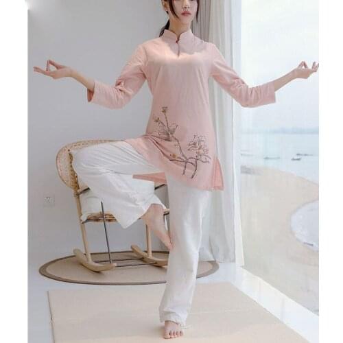 Women spring&summer high quality cotton&linen printing yoga suit hanfu meditation lay uniforms tai chi kung fu clothing blue