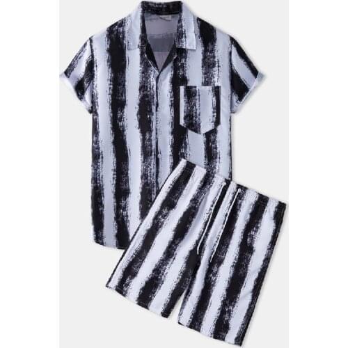 Summer Hawaiian Men Shirts Short Sleeve Striped Print Blouse with Shorts Home Sets Casual Button Up Shirts for Men Camisas