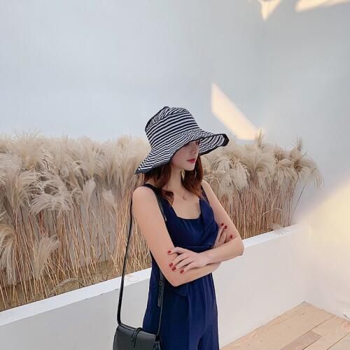 2020 Harajuku Summer Womens Hat Foldable Korean Cap Summer Ladys Ultraviolet Cap Large Rim Stripe Sun Cap