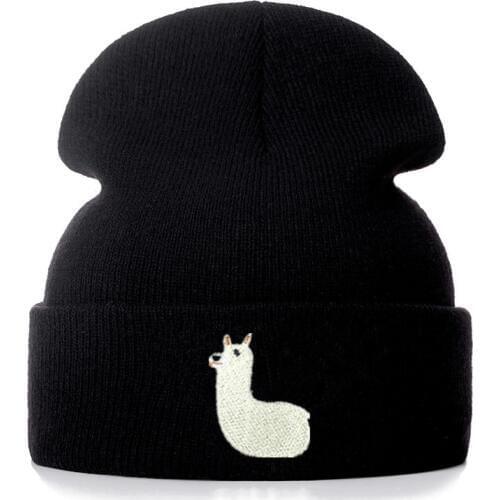 Cute Alpaca Cotton Embroidery Casual Beanies for Men Women Knitted Winter Hat Solid Hip-hop Skullies Bonnet Unisex Cap