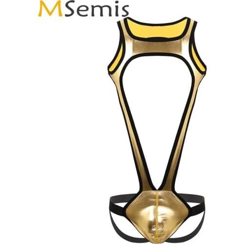 Mens Holographic Metallic Bodysuit Night Club Pole Dance Gay Jockstraps Singlet Jumpsuit Erotic Open Butt Latex Mankini Leotards