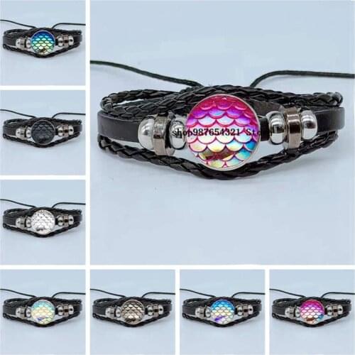 New Summer Beach Bracelet Glass Dome Fish Scale Bracelet Multilayer Woven Leather Bracelet Jewelry Same Style Men and Women