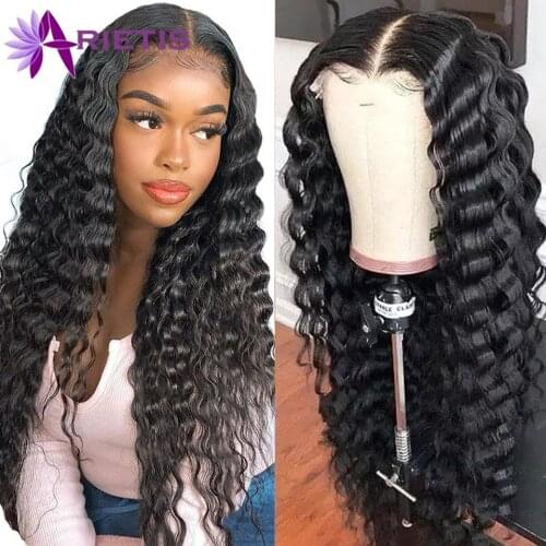 Arietis Deep Wave Closure Wig Human Hair Lace Frontal Wig 180% Density Lace Front Wig Pre-Plucked With Baby Hair 13X1 Lace Wig