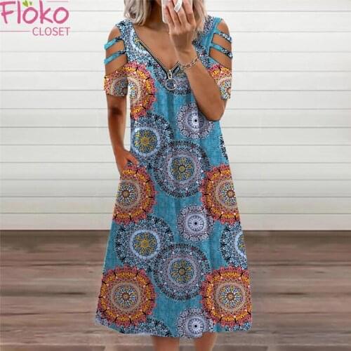 Flokocloset Summer V-Neck Print Zipper Short Sleeve Maxi Dress Women Sexy Off The Shoulder Tunic Beach Sundress