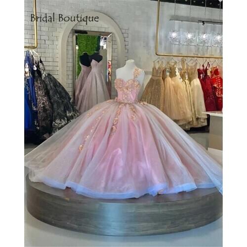Princess One Shoulder Pink Quinceanera Dresses Lace Appliques Tulle Skirt Corset Ball Gown Prom Dresses vestidos de quinceañera