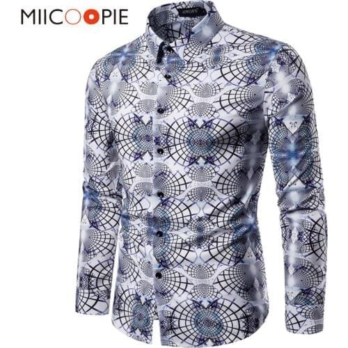 Shirts Men Dress 2019 Casual Abstract Spider Web Print Long Sleeve Camisa Social Men Gradient Elasticity Business Shirt Tops XXL
