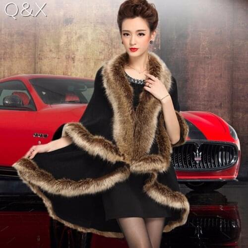 SC56 2017 Winter Warm Long Knitted 2 Layers Poncho Cape Oversize Cashmere Sweater Women Imitation Fur European Cardigan Coat