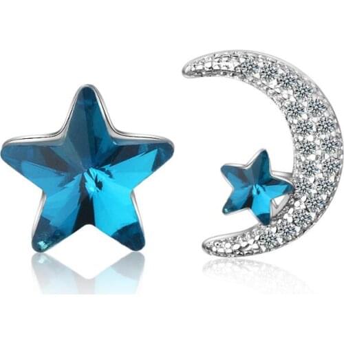 New Blue Crystal Star Moon Asymmetry Zircon Earrings For Women Trend Creative Jewelry Gift Brincos SAE192