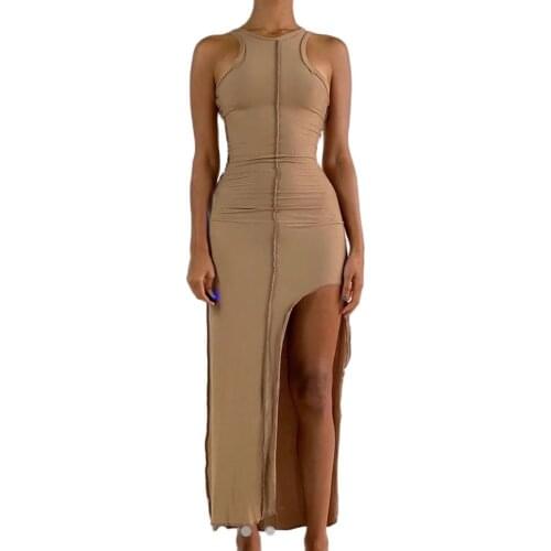 XLLAIS Khaki Knitting Bodycon Dresses Women Sexy Sleeveless Tank Vestidos Summer Ladies Casual Soft Thin Clothes