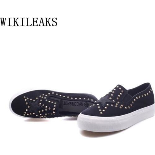 Ladies Black Canvas Shoes Women Slip On Loafers Shoes Woman Designer Brand Rivets Stars Platform Shoes Autumn Women Shoes Flats