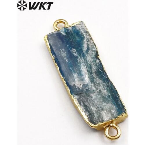 WT-C072 Wholesale necklace natual blue kyanite rectangle blue stone with double loops gold electroplated fashion jewelry pendant