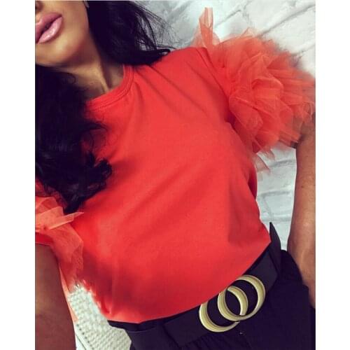 Women Summer T-shirt Tulle Ruffle Short Sleeve Shirt Loose Casual Top Solid Color Ladies Tops Round Neck T Shirt For Women Top