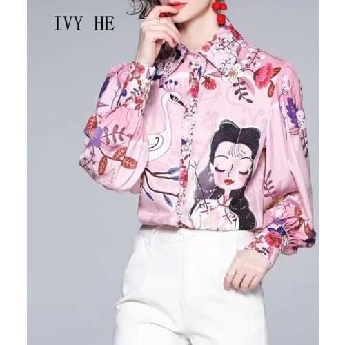IVY HE High Quality Autumn Shirt Woman Female Clothing Pink Cartoon Print Niche Loose Shirt Long Lantern Sleeve Womens Top ZA