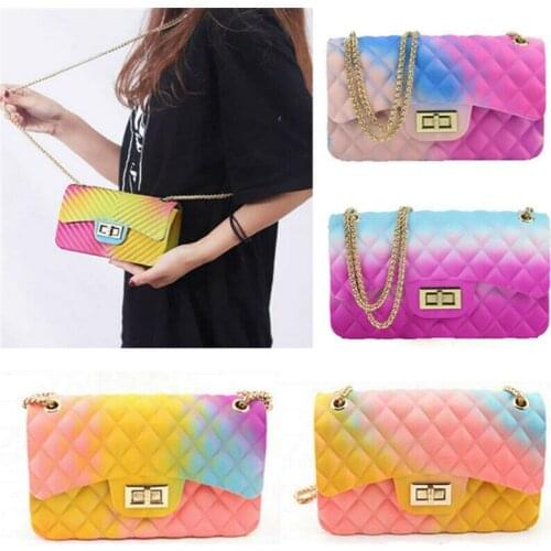 Korean Style 2020 New Women Modis Jelly Chain Bag PVC Rainbow Printed Shoulder Bag Crossbody Female Messager Ladies Handbag