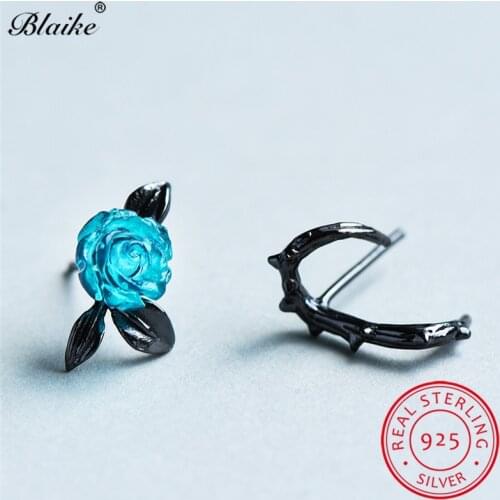 Blaike 925 Sterling Silver Blue Rose Flower Stud Earrings For Women Black Tree Leaf Double Earrings Wedding Party Fine Jewelry