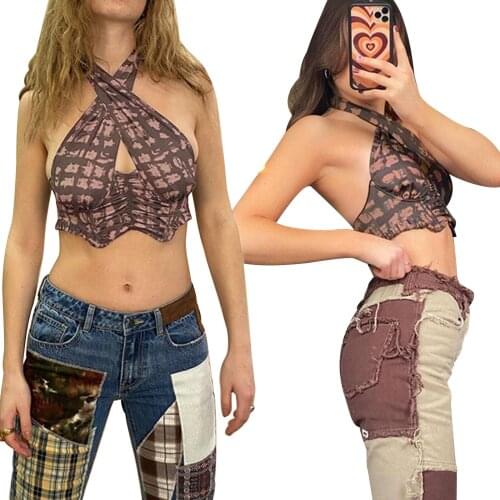 Women Halter Vest Hollow Sexy Navel Design Chic Print Slim Fit Summer Clothing New Fashion 2021