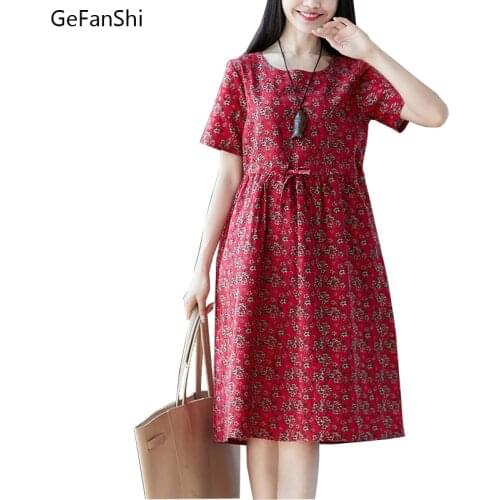 Fashion 2021 New Summer Women Dresses Casual Cotton Linen Slim Summer Dress Short Sleeve O-Neck Print Vintage Dress M-XXL Red