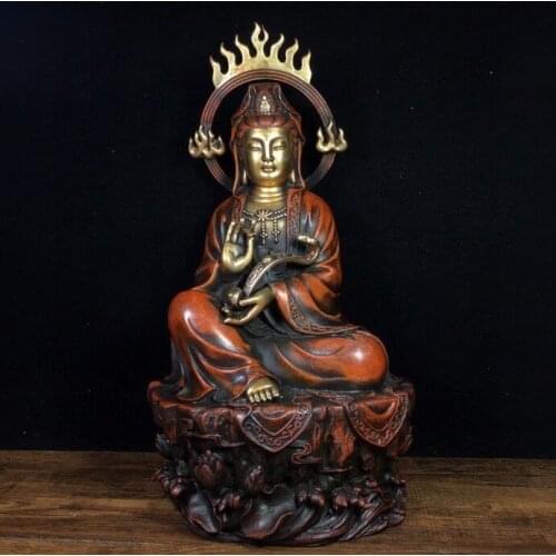 12"Tibet Buddhism Temple Old Bronze Gilt Real gold silver Ruyi Guanyin Bodhisattva Statue of Avalokitesvara Enshrine the Buddha