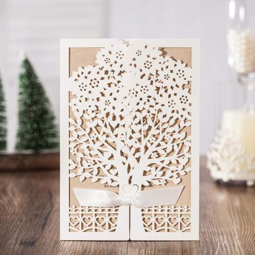 50Pcs White Laser Cut Wedding Invitations, Tree and Fence Birthday Gift Card with envelopes, for marriage baptism party favors