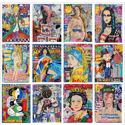 Abstract Figure Graffiti Street Art Monopoly Mona Lisa Canvas Painting Art Poster and Print Wall Art Picture for Living Room
