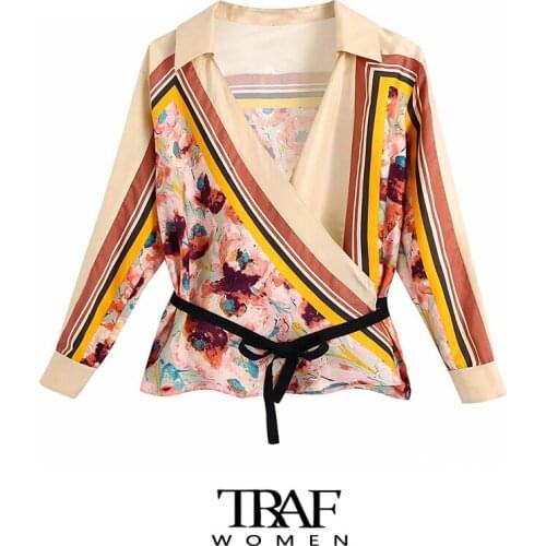 TRAF Za Women Fashion With Belt Floral Print Wrap Blouses Vintage Long Sleeve Patchwork Female Shirts Blusas Chic Tops