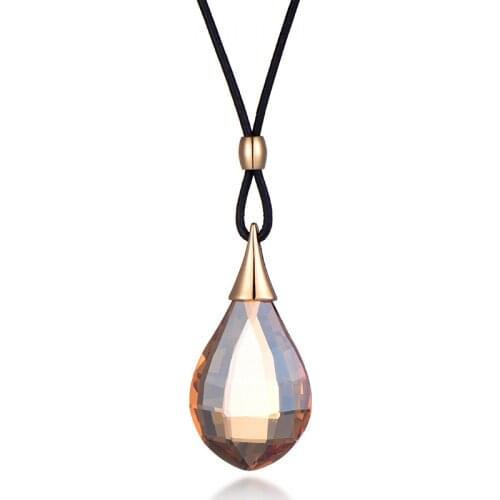 Big Brown Clear Glass Pendant Necklace Elegant Water Drop Crystal Leather Chain Necklace For Femmes Party Jewelry Accessories