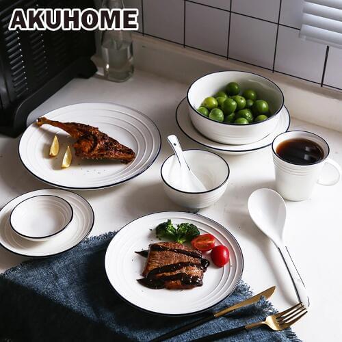 Western Food Plate Ceramic Steak Dishes Shallow Dish Past Deep Dish Disc Household Tableware Dish Simple Blue Edge AKUHOME
