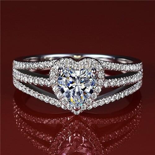 Classic Female Crystal Love Heart Ring Charm Silver Color Thin Wedding Rings For Women Luxury Bride White Zircon Engagement Ring