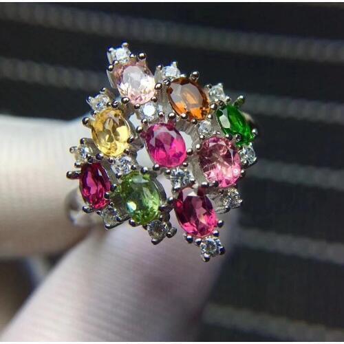 Fashion big Talonpaw rhombus Natural Multicolor tourmaline Ring Natural gemstone ring S925 silver women party girl fine Jewelry