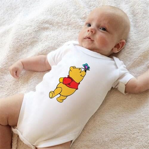 Winnie The Pooh Newborn Clothes Jumpsuit Summer Short Sleeve White Baby Boys Girls Bodysuit Cute Kawaii Disney Baby Clothes