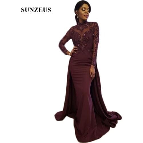 Illusion Tulle Long Sleeve Formal Evening Dresses 2021 African Women Evening Party Gowns Sheath Lace Appliques Beaded Dresses
