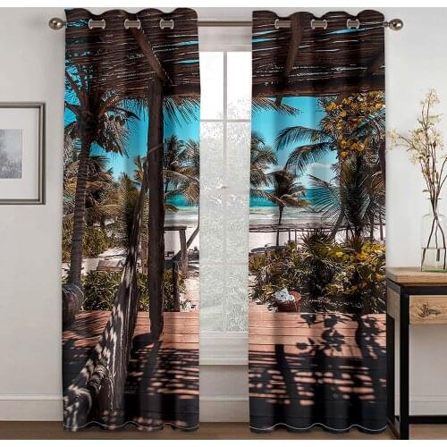 Summer beach scenery decoration 3D printing sunshade curtain suit waterproof fabric washable bedroom hook accessories