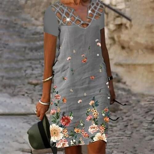 Fashion Women Summer Casual Short Sleeve Hollow Printed Strapless Hollow Dress