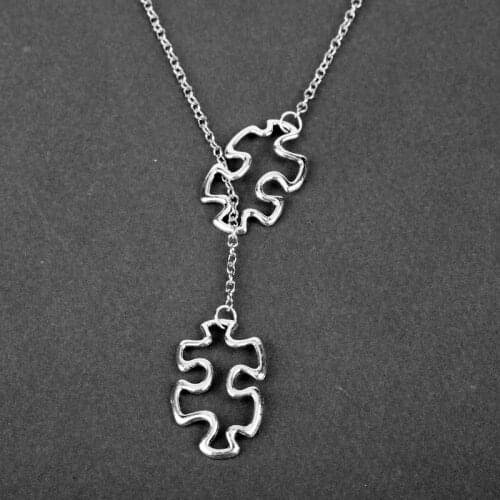 Fashion Casual Tibetan Silve Autism Jewelry Awareness Jigsaw Double Puzzle Piece Pendant Adjustable Cross Lariat Necklace Gifts
